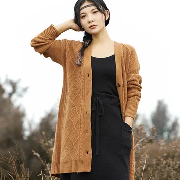 2023 Осенне-зимний шерстяной свитер с V-образным вырезом, Женская одежда из чистой шерсти, Утолщенная Длинная Свободная трикотажная рубашка, Пальто, топ