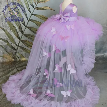 2023 Пышное платье для девочек, Розовое Детское платье со шлейфом, Платья в цветочек для девочек, Бант, Милое Детское Платье на День Рождения для Первого Причастия
