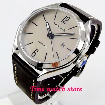 43 мм механические автоматические часы parnis, мужской водонепроницаемый кожаный браслет, нержавеющая сталь, полированный серый циферблат, сапфир, MIYOTA wrist1235