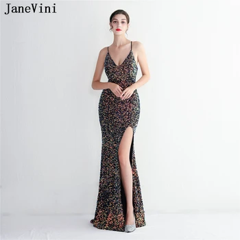 JaneVini Блестящие черные платья для выпускного вечера с пайетками для женщин 2023, Сексуальные вечерние платья с разрезом по бокам, Русалка с открытой спиной, Вечерние платья для вечеринок