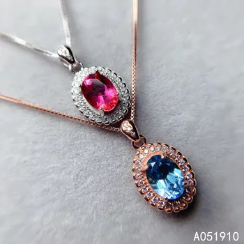 KJJEAXCMY бутик ювелирных изделий из стерлингового серебра 925 пробы, инкрустированных натуральным розовым голубым топазом, Женское ожерелье с подвеской, поддерживает обнаружение модного