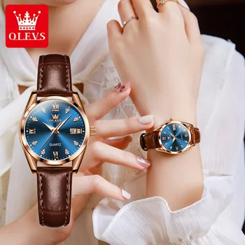 OLEVS 5522 с искусственным ремешком, водонепроницаемые роскошные женские кварцевые часы, высококачественный и минималистичный женский светящийся календарь