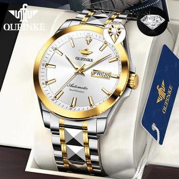 OUPINKE Оригинальные автоматические часы для мужчин, роскошные Водонепроницаемые механические наручные часы с бриллиантами, светящейся датой, сапфиром и нержавеющей сталью