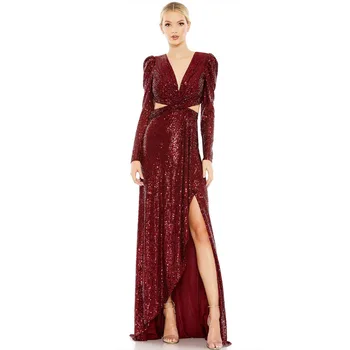 Paffas, новое красное вечернее платье неправильной формы с открытой спиной, сексуальное вечернее платье с разрезом и пайетками, длинный рукав