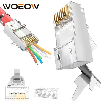 WoeoW 10ШТ Разъем CAT7 RJ45, CAT6A RJ45 Сквозной штекер Ethernet для Сплошного или многожильного толстого сетевого кабеля CAT7 23 AWG