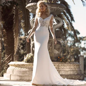 YOLANMY Скромные свадебные платья С V-образным вырезом и длинными рукавами, атласные аппликации, Свадебное платье Vestido De Casamento, сшитое по индивидуальному заказу для женщин