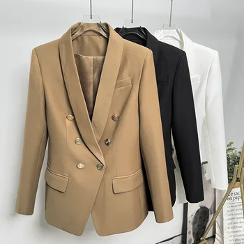 Высококачественный пиджак-блейзер цвета Хаки, женский новый Дизайнерский тонкий двубортный костюм с золотыми пуговицами, Офисная деловая одежда, блейзер для официальных мероприятий