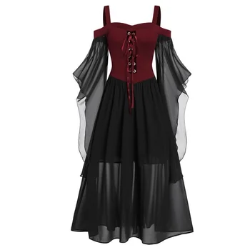 Готическое кружевное платье ведьмы в стиле панк с открытыми плечами, рукав 