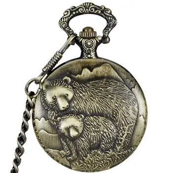 Два Медведя Механические карманные часы с Римским циферблатом, ручной завод, Полый Скелет, стимпанк, часы, Полностью стальные карманные часы, цепочка, подарки