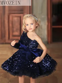 Детские платья для девочек с блестками, платье в цветочек для девочек, пышное темно-синее платье принцессы, вечерние платья для девочек