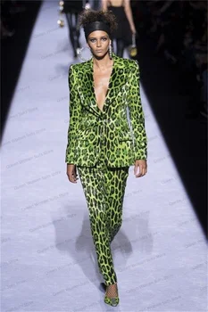 Дизайнерский Леопардовый женский костюм, Блейзер + Брюки, 2 предмета, Свадебный Смокинг, Вечернее Зеленое Платье для выпускного Вечера, Куртка на заказ, пальто