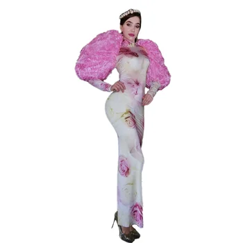 Длинные платья с розовым цветком, женское платье для выпускного Вечера, Свадьбы, дня рождения, Тонкий Сексуальный облегающий сценический наряд, платье для ночного клуба, танцевальный костюм