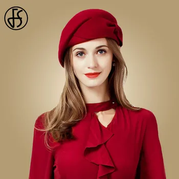 Женская Красная Свадебная шляпа FS Для женщин, Винтажные шляпы-пилоты из 100% шерстяного фетра, Черные шляпы-Чародейки, Зимние Фетровые шляпы, Берет с бантом, Церковные шляпы