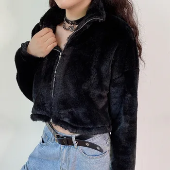Женская осенне-зимняя модная короткая куртка на молнии из искусственного меха для ночного клуба, сексуальное меховое пальто, женское черное меховое пальто