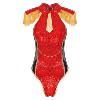 Женское Трико из лакированной кожи, сексуальный костюм Циркового Мастера Манежа для Косплея, Карнавальный наряд на Хэллоуин без рукавов с блестками