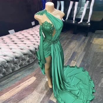 Изумрудно-зеленые вечерние платья, сексуальные платья для выпускного вечера с Русалочкой на одно плечо, Вечерние платья в Африканском стиле, вечерние платья с разрезом по бокам и длинным рукавом