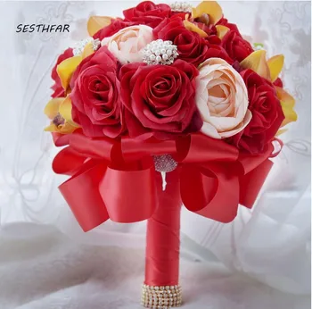 Искусственный Романтический Свадебный букет С ленточной ручкой, Шелковая Роза, Букет Невесты, цветы для свадебной вечеринки SPH056
