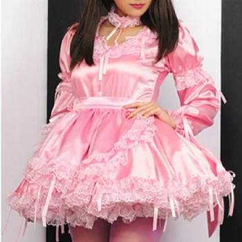 Косплей Сисси Запирающееся готическое платье Розовый Атлас С Длинным рукавом Сзади Кольцо на шее Автономный Фартук Сексуальное Кружевное платье Горничной на Хэллоуин на заказ