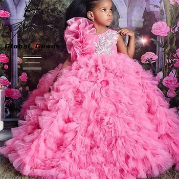 Красивые розовые длинные платья в цветочек для девочек, тюлевые оборки, платье для Причастия, аппликации, праздничное платье, многоуровневое платье для вечеринки по случаю Дня рождения