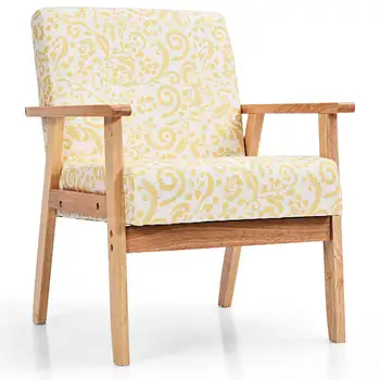 Кресло Costway Modern Accent с мягкой обивкой и ножкой из каучукового дерева Желтого цвета в цветочек