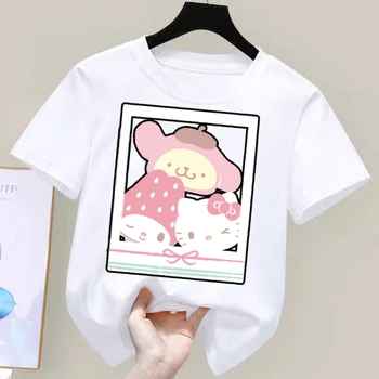 Летняя Детская футболка Kuromi Cinnamoroll Melody с героями Мультфильмов Аниме Sanrio, Повседневная Одежда Для девочек и мальчиков, Топы с короткими рукавами, Кавайный Подарок