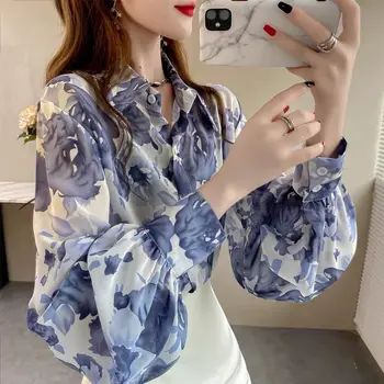 Модная рубашка с рукавом-фонариком в корейском стиле, женская повседневная однобортная Свободная шифоновая блузка с вырезом-поло, новая женская одежда