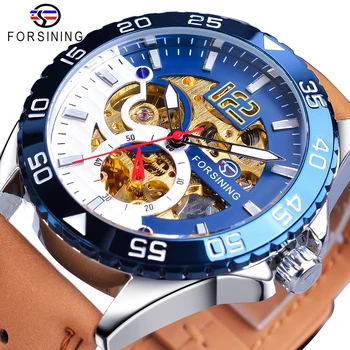 Модные уникальные мужские часы бренда Forsining с Автоматическим Креативным Наполовину сине-белым полым циферблатом из натуральной кожи, механические часы Relojes
