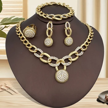 Набор ювелирных изделий из 18-каратного золота в Дубае для женщин, круглые серьги, браслет, кольцо, Свадебная вечеринка, Оптовая продажа, Бесплатная доставка