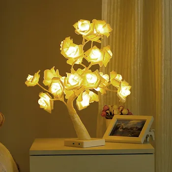 Новая светодиодная настольная лампа в виде Розового дерева с питанием от USB/аккумулятора, Прикроватная тумбочка для спальни, Рождественские сказочные ночные светильники для Рождественской свадьбы, Домашний декор