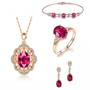 Новое Ожерелье из циркона с посеребренным кольцом из Розового золота Кроваво-красного цвета, набор украшений с красным Турмалином