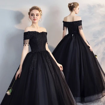 Новое Черное Свадебное платье с открытыми плечами, Классическое Бальное платье с аппликацией в виде цветов, расшитое бисером, Длинное Платье Невесты без рукавов, Vestido Noiva