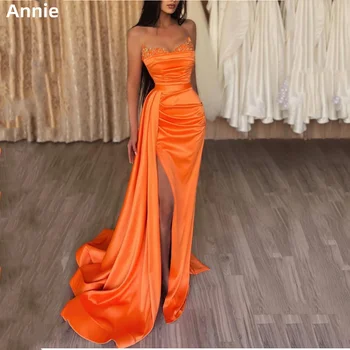 Оранжевое Вечернее платье Annie из Атласа с поясом и пайетками, платье для выпускного Вечера Без бретелек, Длинный праздничный Халат с разрезом по бокам, Vestidos De Noche