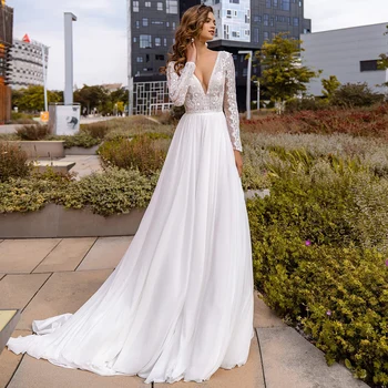 Очаровательное шифоновое свадебное платье с аппликацией трапециевидной формы, сексуальное кружевное свадебное платье с V-образным вырезом, длинными рукавами, корсетом, открытой спиной и шлейфом