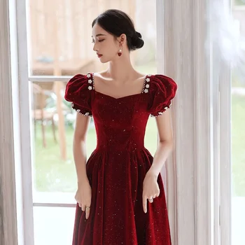 Платье для званого ужина, выпускного, вечерние платья с красным вином, свадебное бальное платье принцессы с пышными рукавами и жемчугом L0796