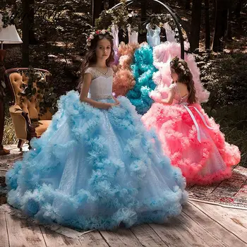 Платья с цветочным узором Для девочек, Бальные платья с бисером, Элегантное Кружевное Детское Праздничное платье Принцессы для Свадеб, платье для Первого Причастия, Vestidos