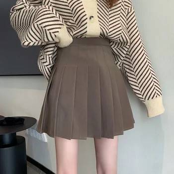 Плиссированная мини-юбка, женская милая корейская мода, однотонная, тонкая, с высокой талией, Трапециевидная, короткая юбка, повседневный элегантный дизайн для школьниц