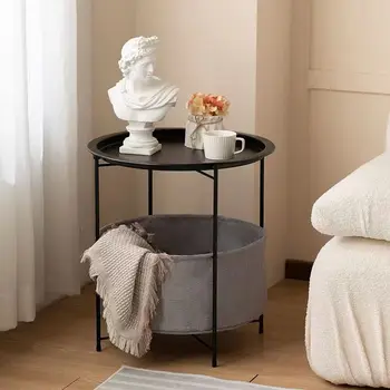 Простой двухслойный журнальный столик в скандинавском стиле, Круглый мини-диван, Приставной столик, Столик для хранения, Металлический каркас, прикроватный столик