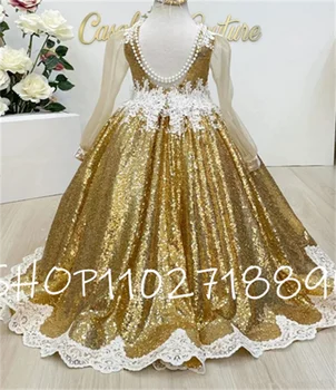 Пышное Золотое бальное платье с цветочным узором для девочек, платье Принцессы с длинным рукавом для девочек, платье для свадебной вечеринки для девочек, платье для Первого Причастия