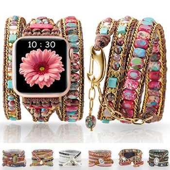 Ремешок для часов в Богемном стиле для Apple Watch, ретро-украшения из смешанных натуральных камней, браслет с несколькими обертками, Подарок Для Женщин, Мужчин, браслет в стиле Бохо, ремешок