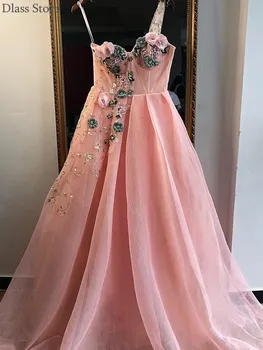 Розовое вечернее Платье из тюля с элегантными Цветами, На одно плечо, с круглым вырезом, трапециевидной формы, Длиной до пола, Платье для выпускного вечера платья знаменитостей