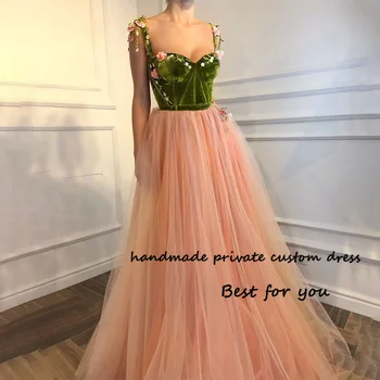 Розовые тюлевые платья Трапециевидной формы для подростков, вечерние платья для выпускного вечера, Зеленое Бархатное вечернее платье на тонких бретельках с 3D цветами, Длинное Платье для Возвращения домой