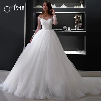 Свадебное платье принцессы OYISHA 2023 с открытыми плечами, милая одежда с длинными рукавами, тюлевые блестящие кружевные аппликации, платье невесты, Vestido De Novia