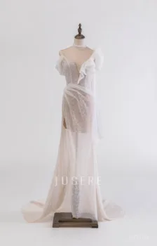 Свадебное платье трапециевидной формы из бисера Jusere с бантом, свадебное платье, свадебное платье sweatheart, платье со шлейфом в виде часовни