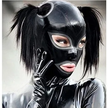 Сексуальная Черная латексная маска с капюшоном, Фетиш, Открытые глаза, рот с отверстием для волос, Черная с серебристой застежкой-молнией сзади (без волос)