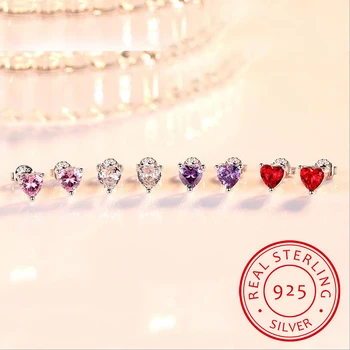 Сердце из стерлингового серебра 925 пробы, белые/фиолетовые/красные/розовые серьги-гвоздики с фианитами для женщин, Brincos Fine Jewelry Bijoux SCE090