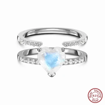 Серебряное двухслойное кольцо с Лунным камнем в форме сердца S925 - Романтические украшения