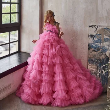 Темно-розовое платье с цветочным узором для девочек на свадьбу, Модное платье из мягкого тюля трапециевидной формы, Детское Рождественское праздничное платье для девочек, Праздничные платья для девочек на День рождения