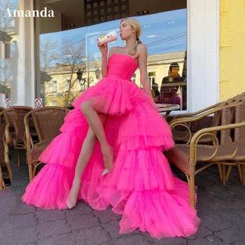 Тюлевое платье для выпускного вечера Amanda High Low 2023, Сексуальное вечернее платье без бретелек, многослойное Розовое вечернее платье в розовом цвете.