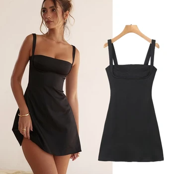 Увядшее Французское Элегантное Атласное Черное Платье на Бретелях, Модное Женское Тонкое Сексуальное мини-платье Для Женщин