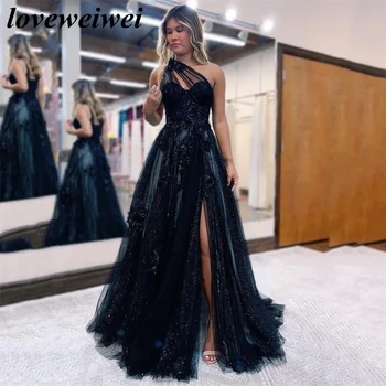 Черное сексуальное вечернее платье из тюля с открытой спиной, одно плечо, 3D аппликация в виде цветов, платья для выпускного вечера, вечернее платье с разрезом, Vestidos De Novia Для женщин